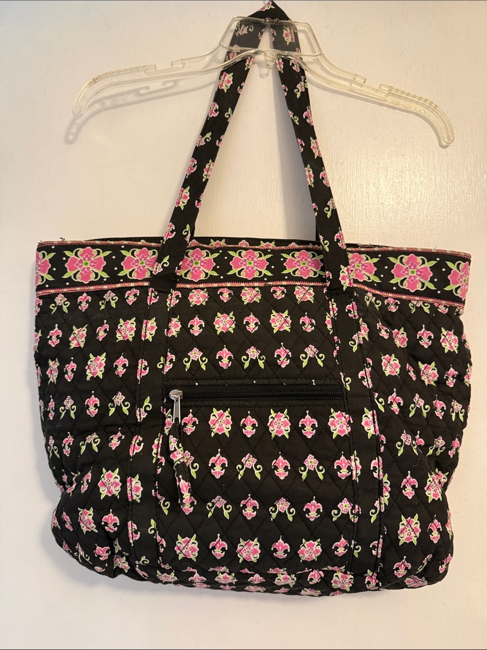 Quilted Floral Tote Bag - Black and Pink